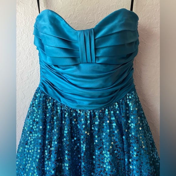 Vintage Y2K Betsey Johnson Prom Cocktail Dress Satin Sequins Ruched Teal Blue - Picture 2 of 9